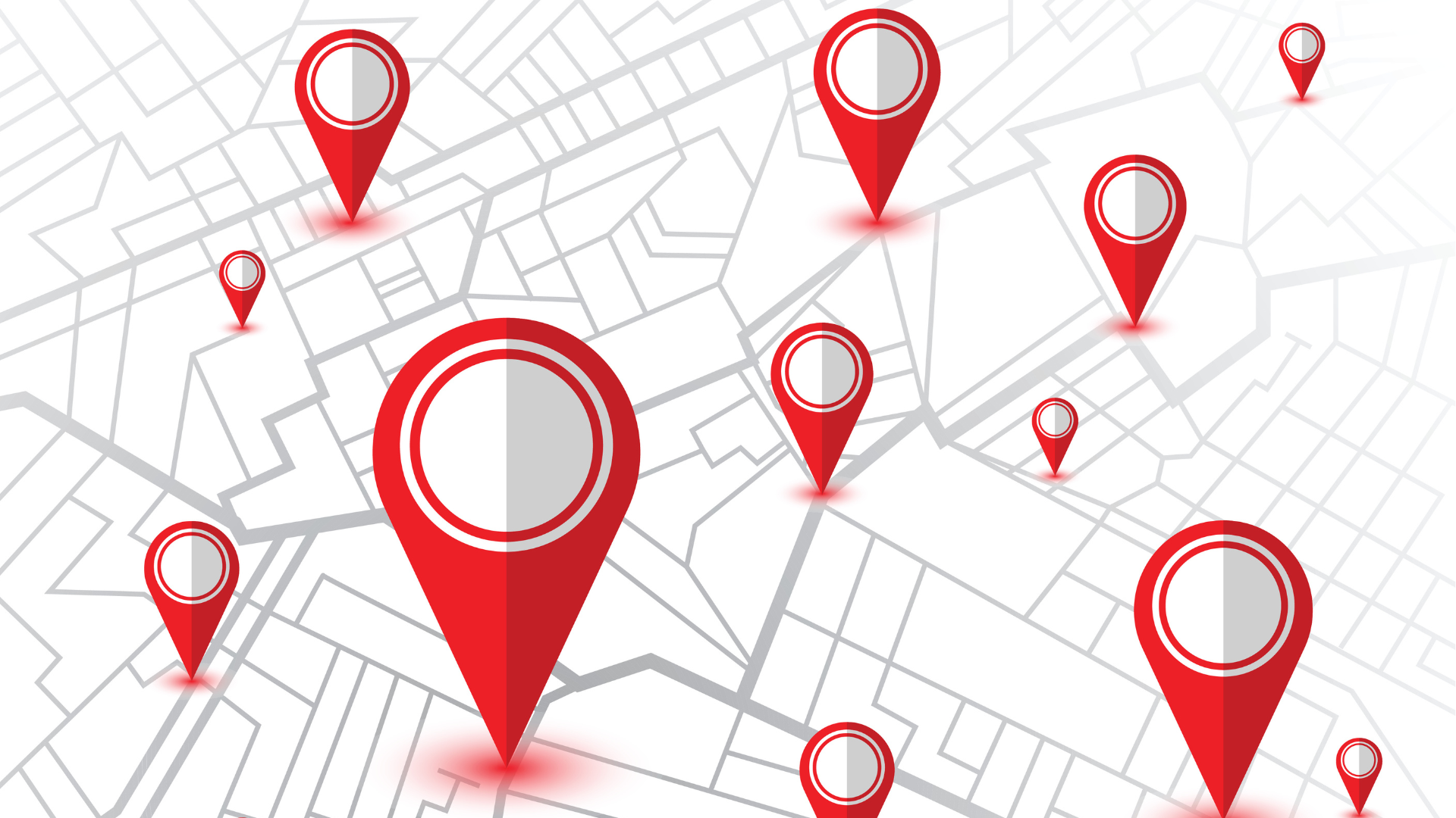 A graphic representation of a city map with multiple red location pins indicating various points of interest or destinations.